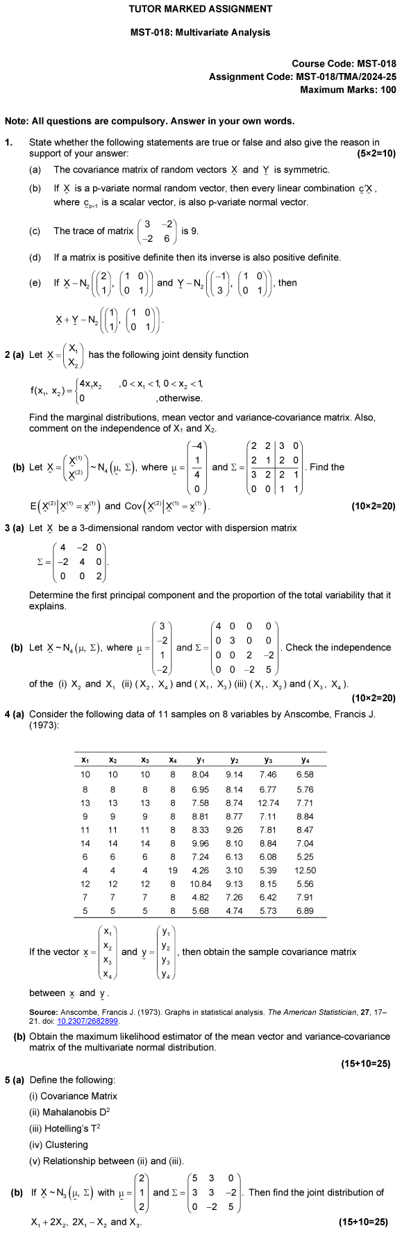 IGNOU MST-18 - Multivariate Analysis Latest Solved Assignment-January 2024 - December 2024