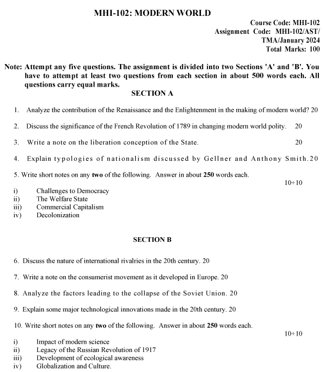 IGNOU MHI-102 - Modern World-January 2024 - July 2024