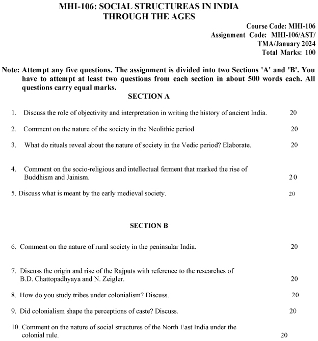 IGNOU MHI-106 - Social Structures in India through the Ages-January 2024 - July 2024