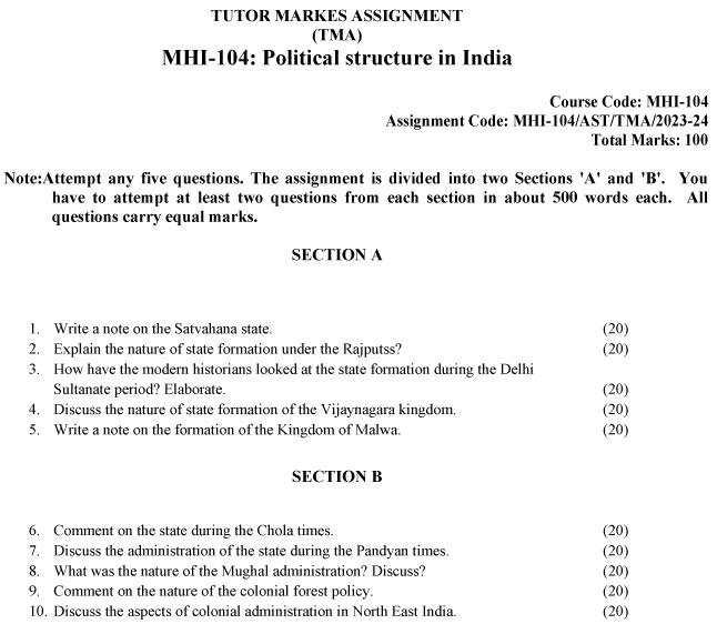 IGNOU MHI-104 - Political Structures in India thorugh the Ages-July 2023 - January 2024