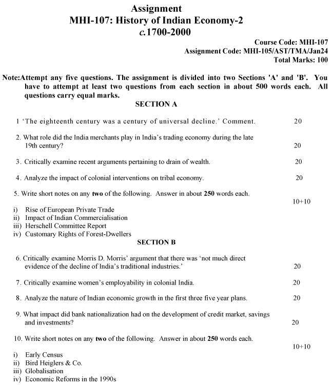 IGNOU MHI-107 - History of Indian Economy-2: C.1700 to 2000-January 2024 - July 2024