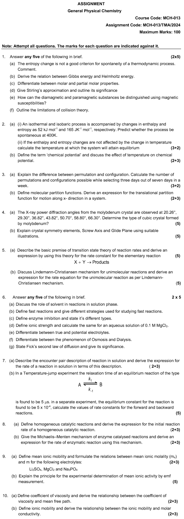 IGNOU MCH-13 - General Physical Chemistry Latest Solved Assignment-January 2024 - December 2024