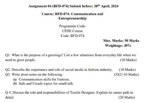 IGNOU BFD-74 - Communication and Entrepreneurship Latest Solved Assignment -January 2024 - July 2024