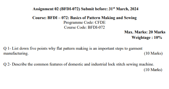 IGNOU BFDI-72 - Basics of Pattem Making and Sewing  Latest Solved Assignment-January 2024 - July 2024