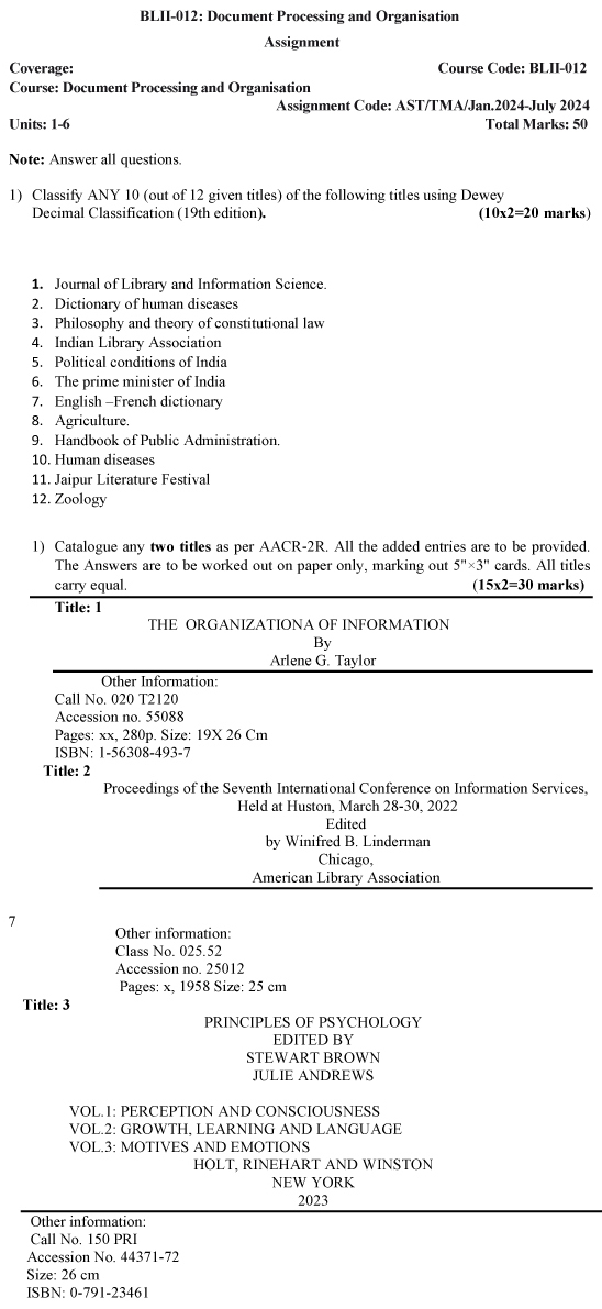 IGNOU BLII-12 - Document Processing and Organisation, Latest Solved Assignment-January 2024 - July 2024