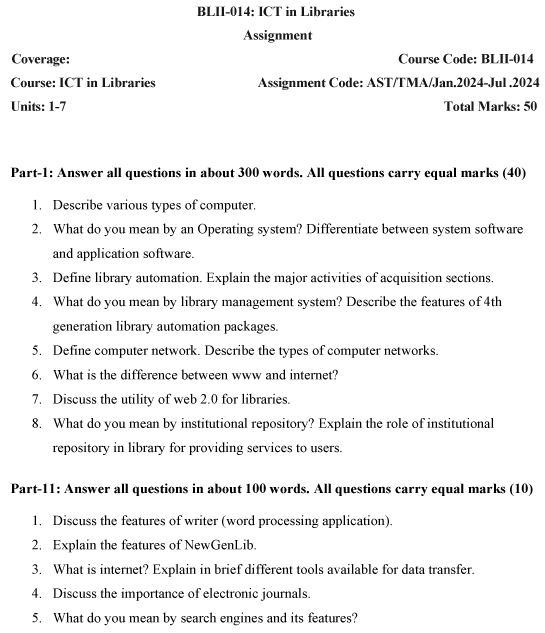 IGNOU BLII-14 - ICT in Libraries, Latest Solved Assignment -January 2024 - July 2024