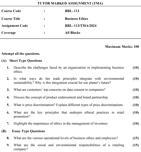 IGNOU BRL-113 - Business Ethics Latest Solved Assignment-January 2024 - December 2024