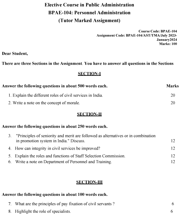 IGNOU BPAE-104 - Personnel Administration, Latest Solved Assignment-July 2023 - January 2024