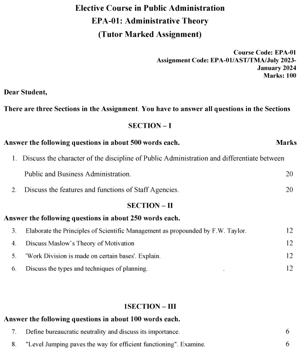 IGNOU EPA-01 - Administrative Theory, Latest Solved Assignment -July 2023 - January 2024