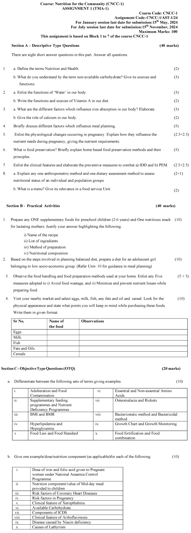 IGNOU CNCC-01 - Nutrition for the Community, Latest Solved Assignment-January 2024 - July 2024