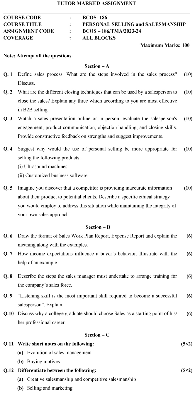 BCOS-186 - Personal Selling and Salesmanship-January 2024 - December 2024