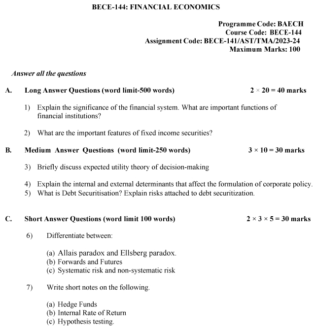 IGNOU BECE-144 - Financial Economics Latest Solved Assignment-July 2023 - January 2024