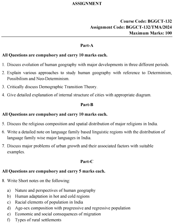 IGNOU BGGCT-132 - Human Geography, Latest Solved Assignment-January 2024 - December 2024