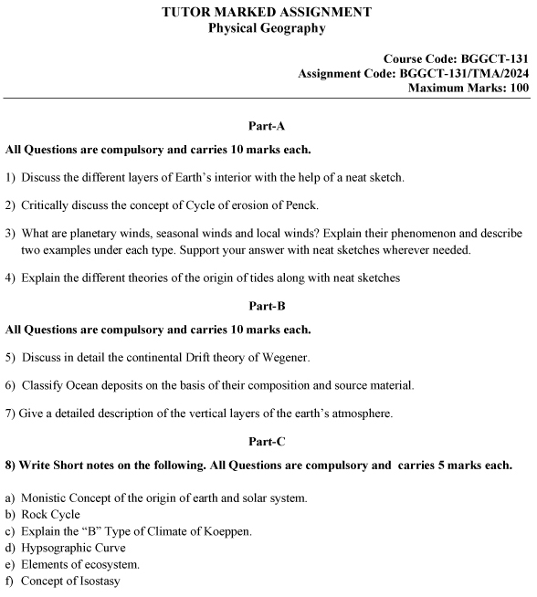 IGNOU BGGCT-131 - Physical Geography, Latest Solved Assignment-January 2024 - December 2024