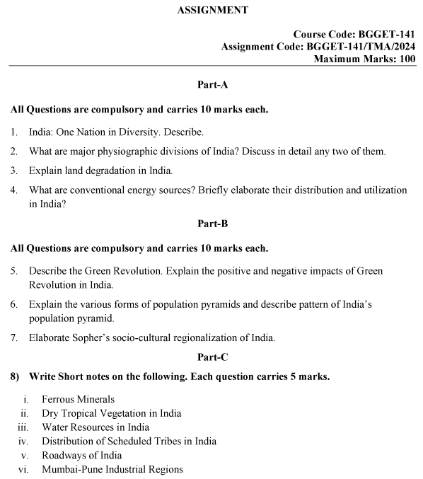 IGNOU BGGET-141 - Geography of India, Latest Solved Assignment-January 2024 - December 2024