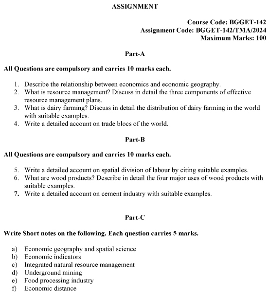 IGNOU BGGET-142 - Economic Geography, Latest Solved Assignment-January 2024 - December 2024