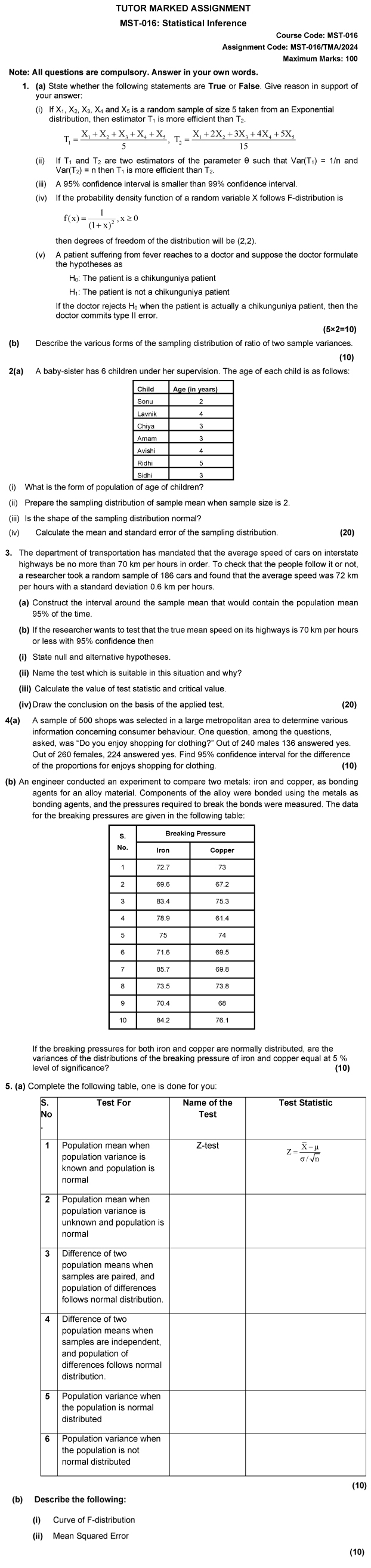 IGNOU MST-16 - Statistical Inference Latest Solved Assignment-January 2024 - December 2024