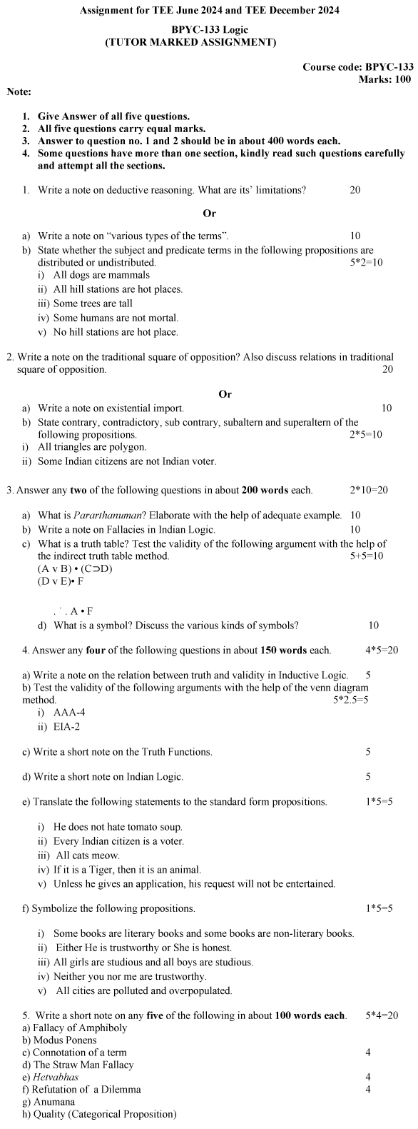 IGNOU BPYC-133 - Logic, Latest Solved Assignment -June 2024 - December 2024