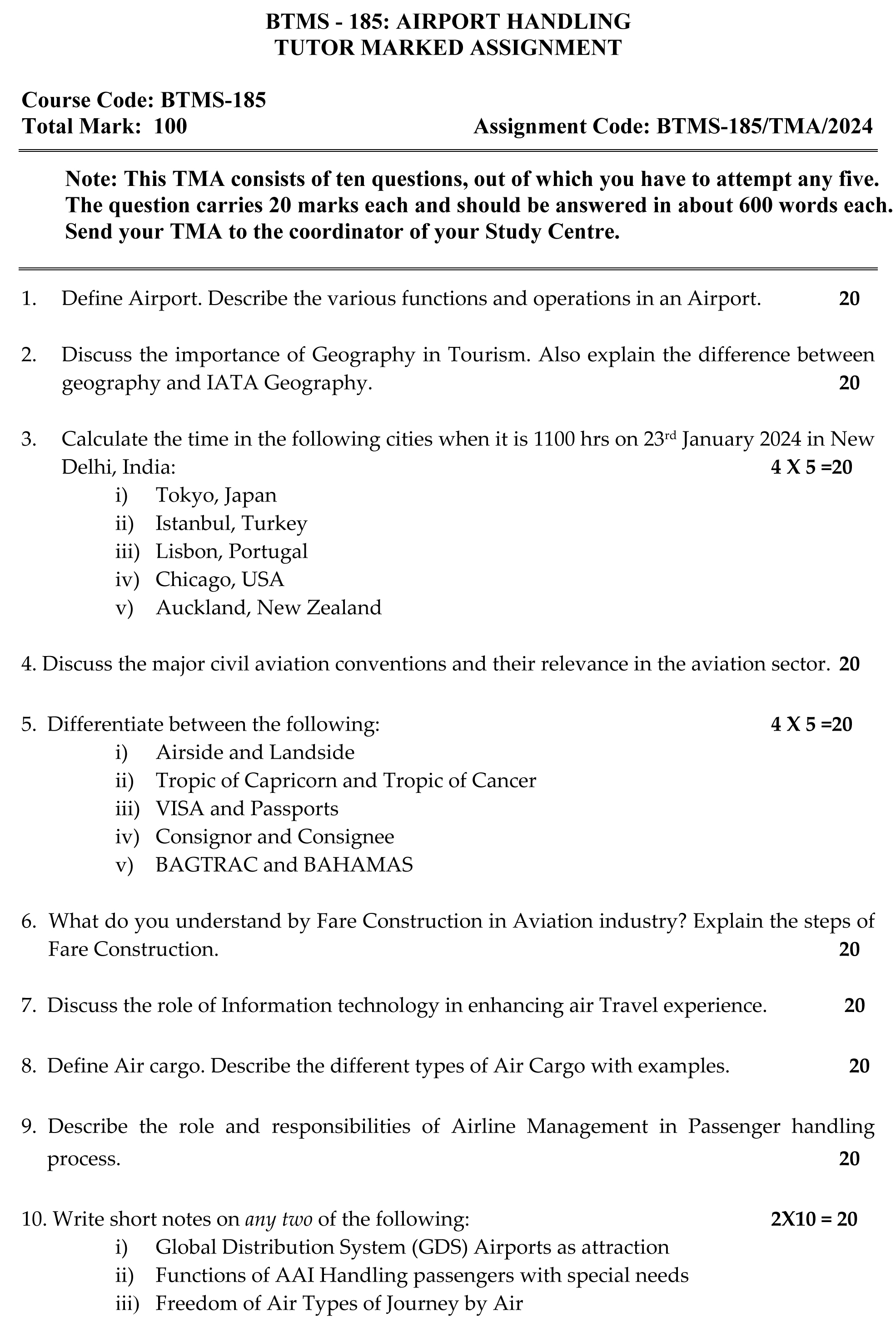 IGNOU BTMS-185 (TS) - Airport Handling, Latest Solved Assignment-June 2024 - December 2024