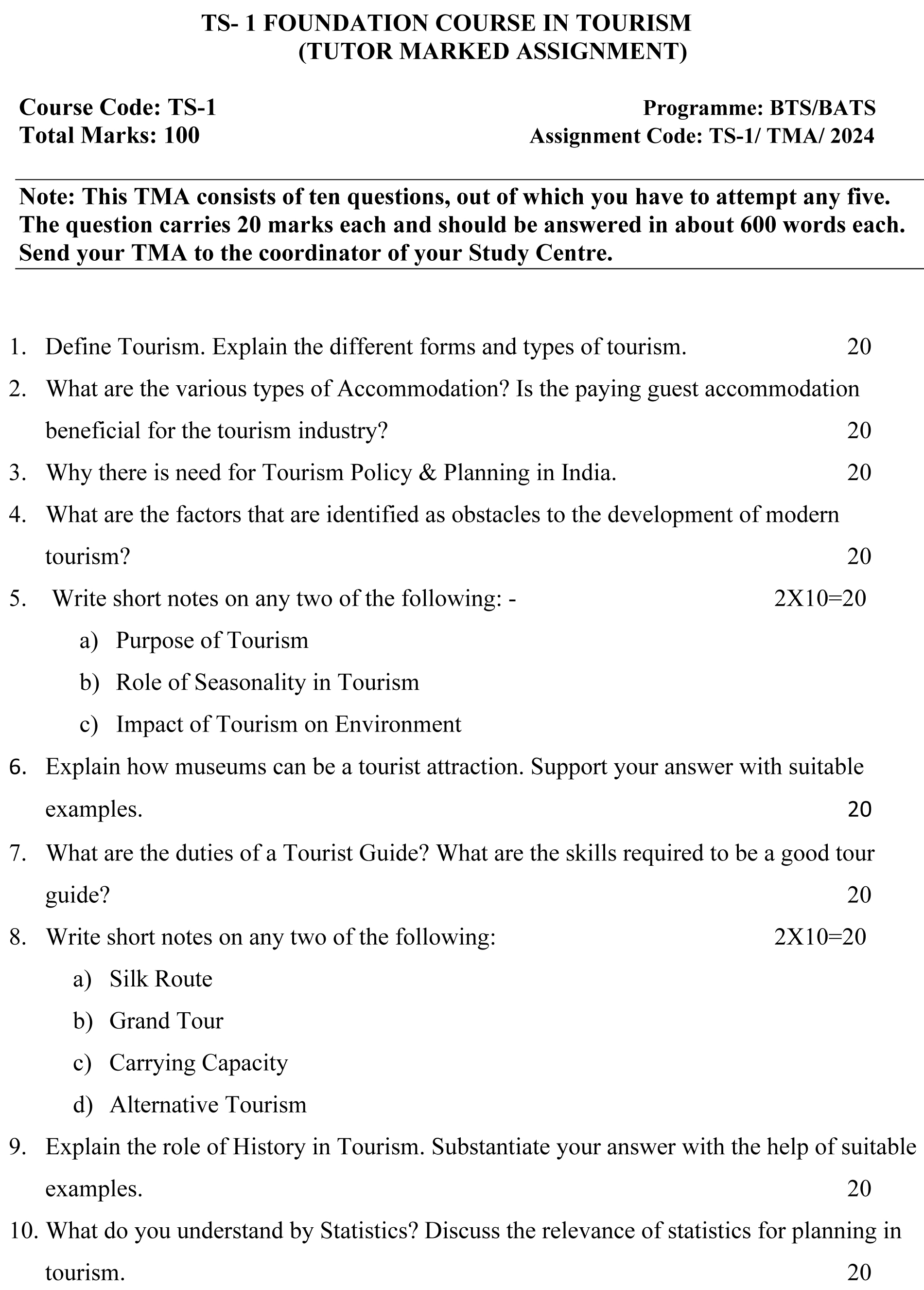 IGNOU TS-01 - Foundation Course in Tourism, Latest Solved Assignment-June 2024 - December 2024