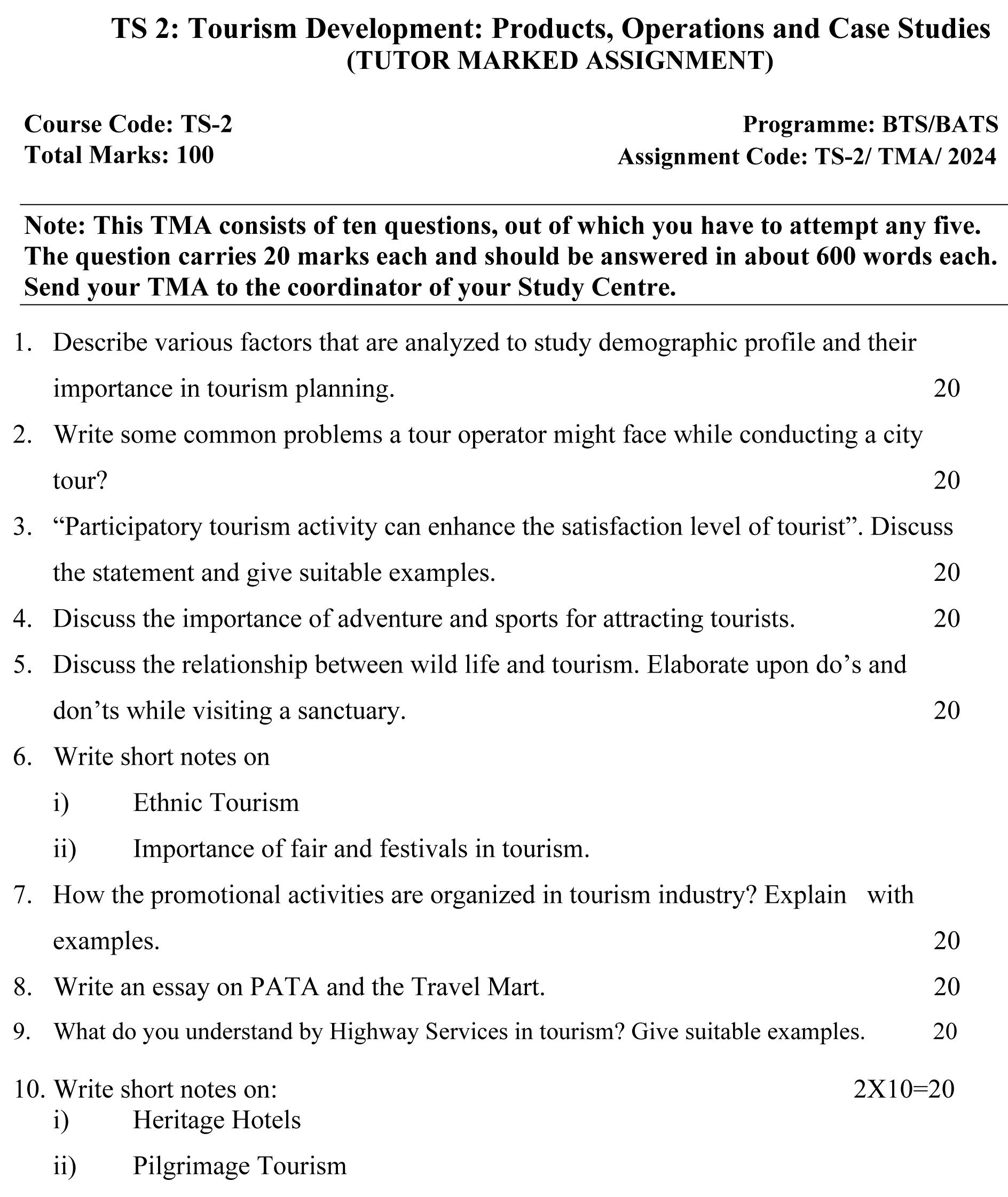 IGNOU TS-02 - Tourism Development: Products, Operations and Case Studies, Latest Solved Assignment-June 2024 - December 2024