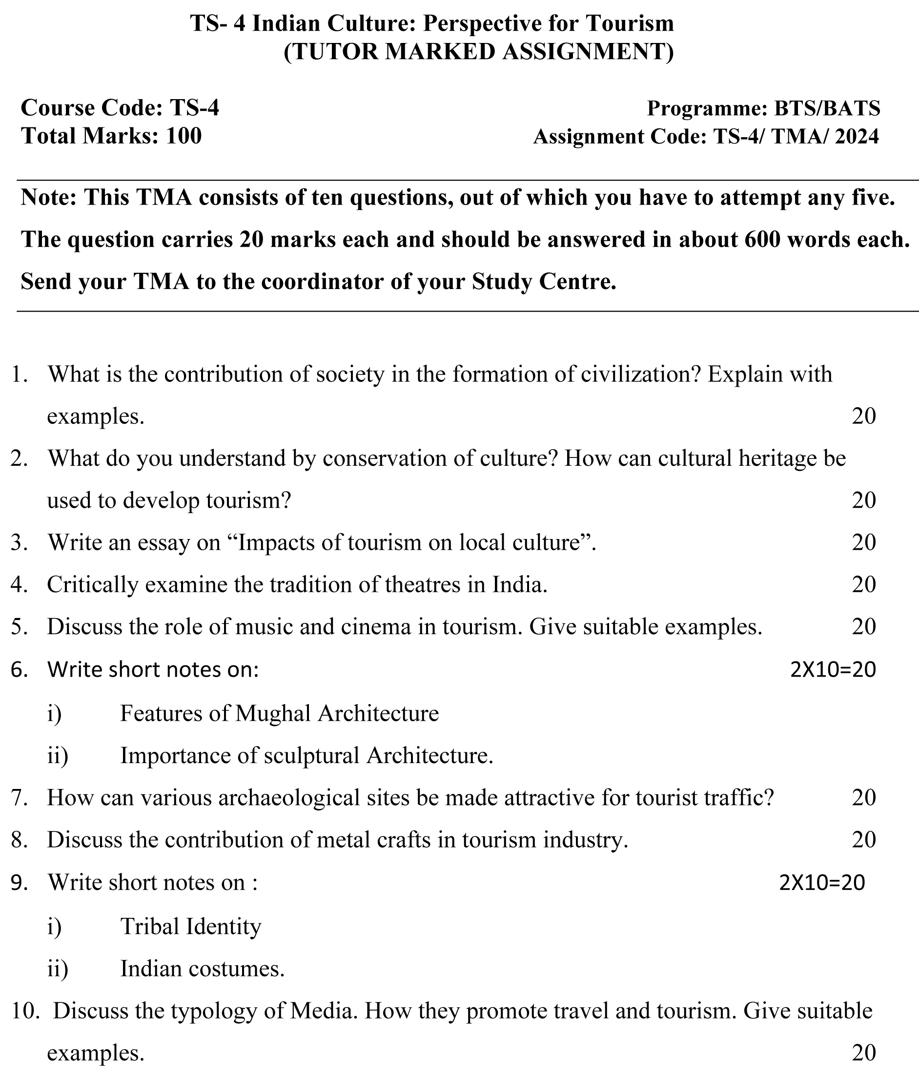 IGNOU TS-04 - Indian Culture: Perspective for Tourism, Latest Solved Assignment-June 2024 - December 2024