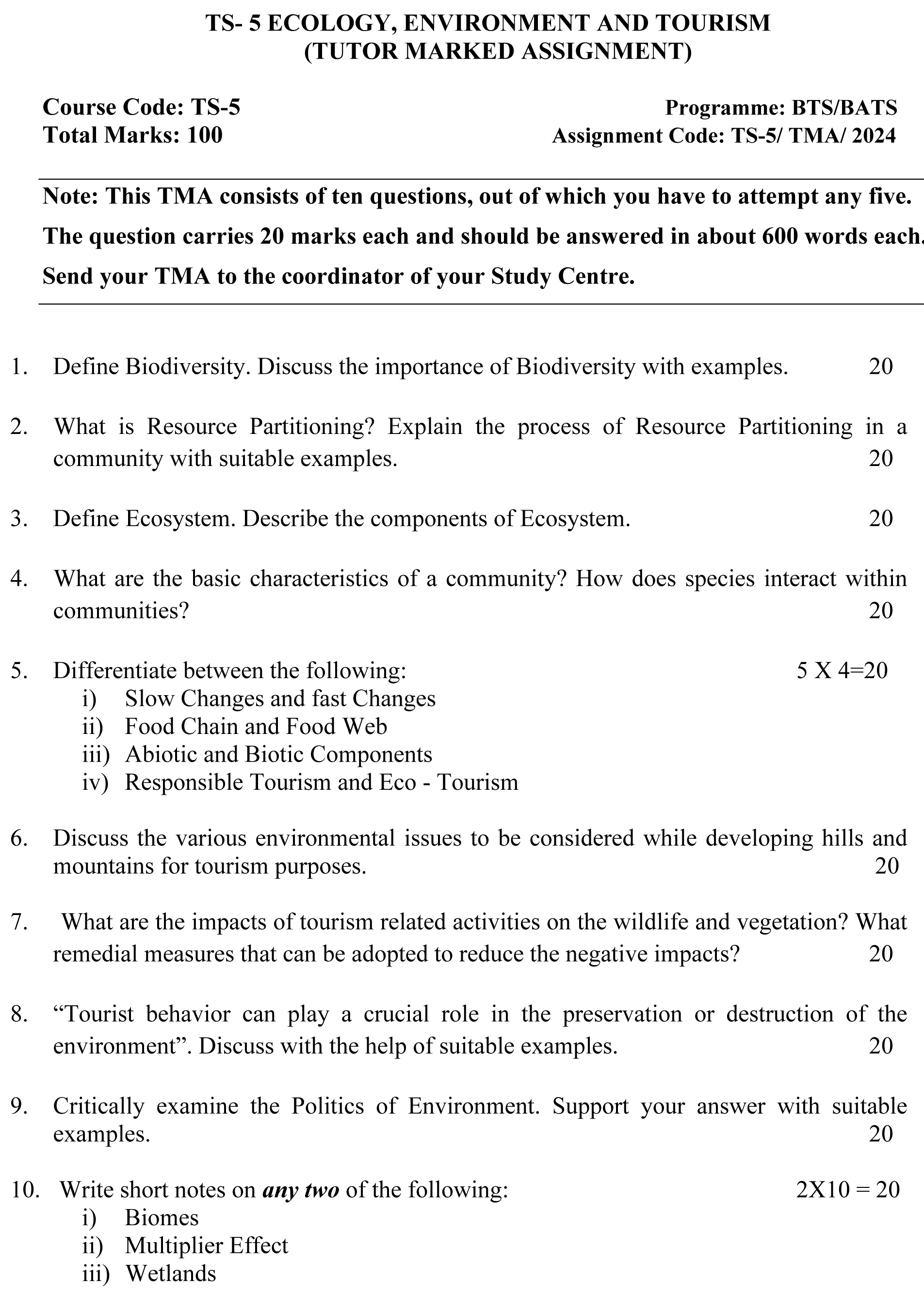 IGNOU TS-05 - Ecology, Environment and Tourism, Latest Solved Assignment-June 2024 - December 2024