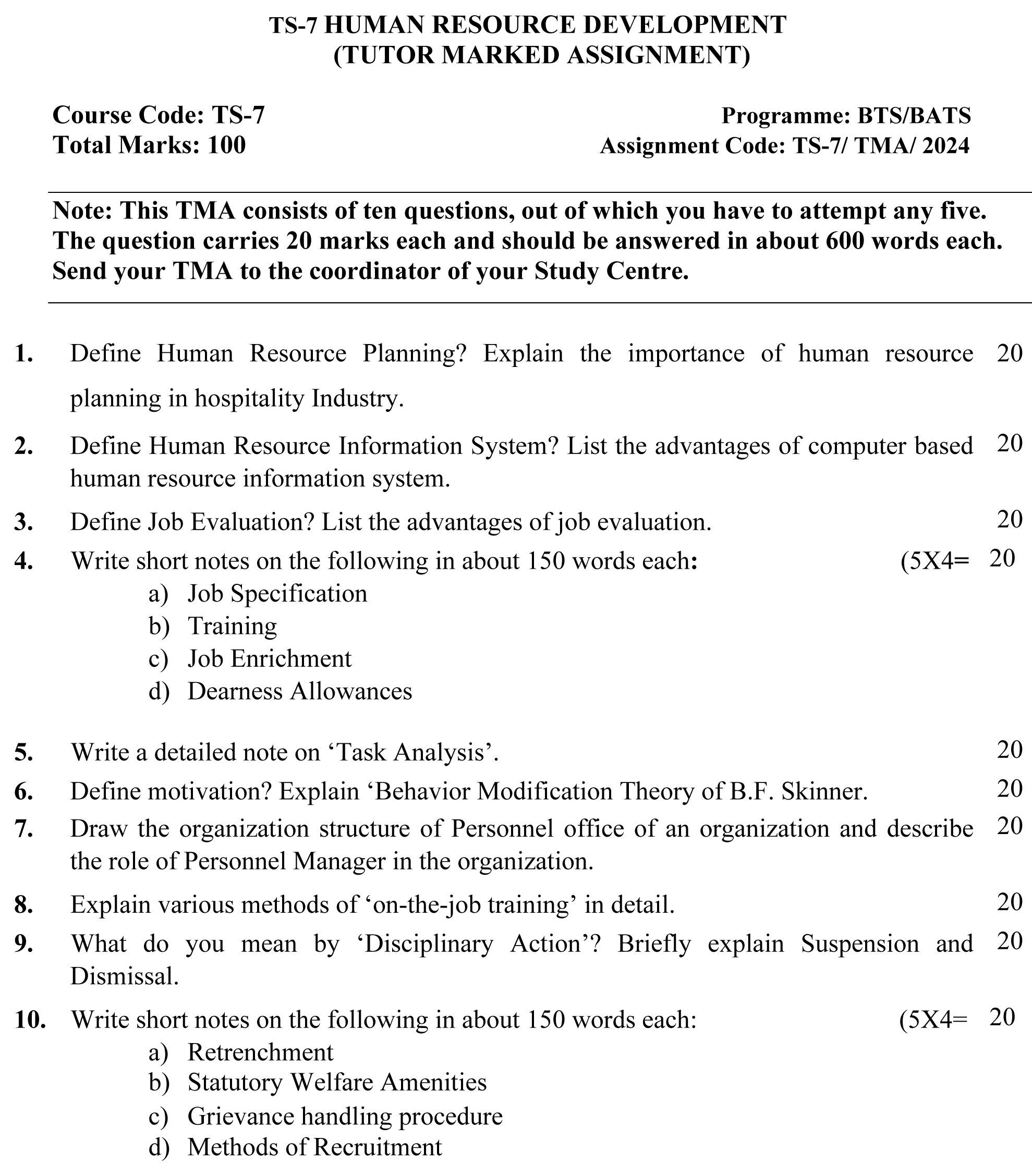 IGNOU TS-07 - Human Resource Development, Latest Solved Assignment-June 2024 - December 2024