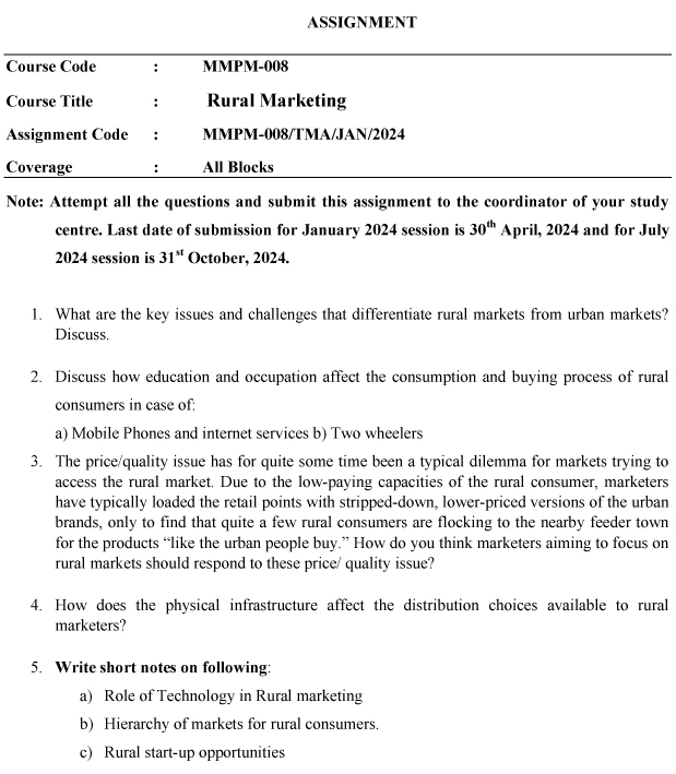 IGNOU MMPM-08 - Rural Marketing Latest Solved Assignment-January 2024 - July 2024