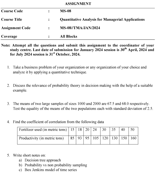 IGNOU MS-08 - Quantitative Analysis for Managerial Applications Latest Solved Assignment-January 2024 - July 2024