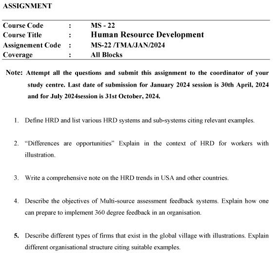 IGNOU MS-22 - Human Resource Development Latest Solved Assignment-January 2024 - July 2024