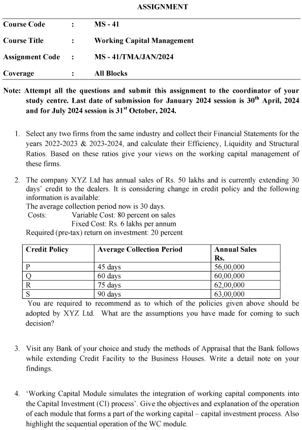 IGNOU MS-41 - Working Capital Management Latest Solved Assignment-January 2024 - July 2024