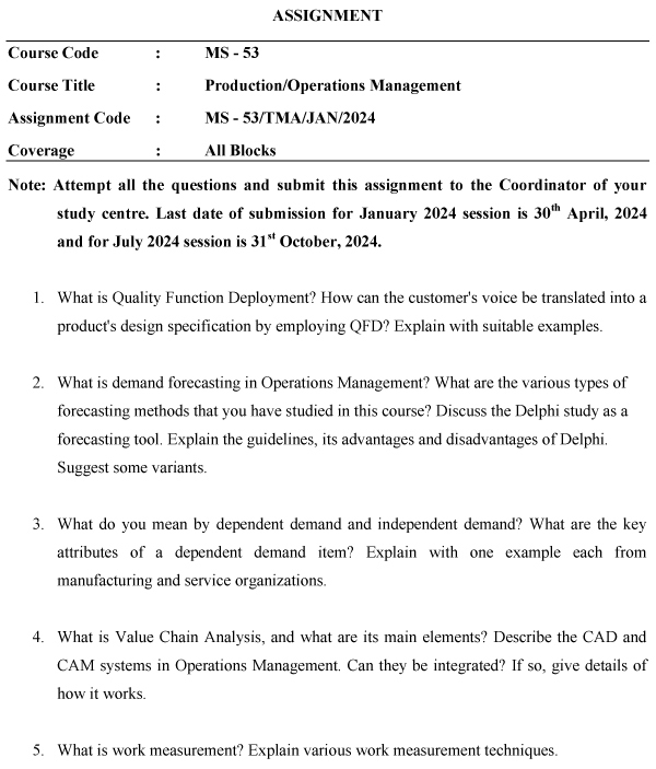 IGNOU MS-53 - Production/Operations Management Latest Solved Assignment-January 2024 - July 2024