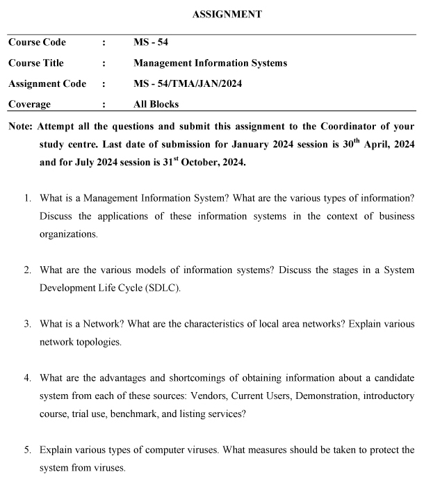 IGNOU MS-54 - Management of Information System Latest Solved Assignment-January 2024 - July 2024