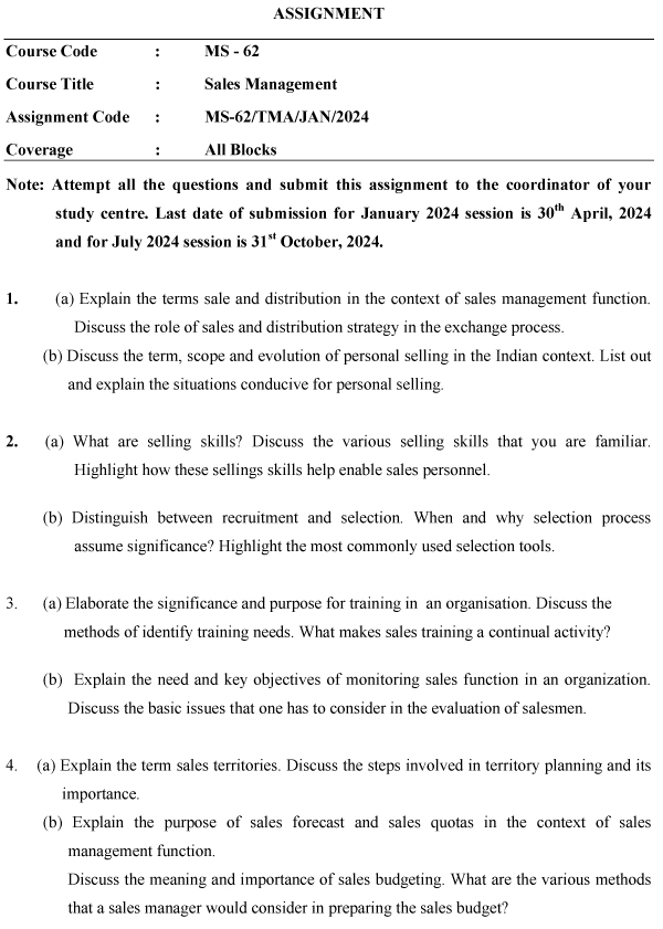 IGNOU MS-62 - Sales Management Latest Solved Assignment-January 2024 - July 2024