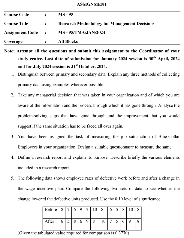 IGNOU MS-95 - Research Methodology for Management Decisions Latest Solved Assignment-January 2024 - July 2024