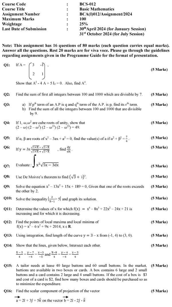 IGNOU BCS-12 - Basic Mathematics, Latest Solved Assignment-January 2024 - July 2024