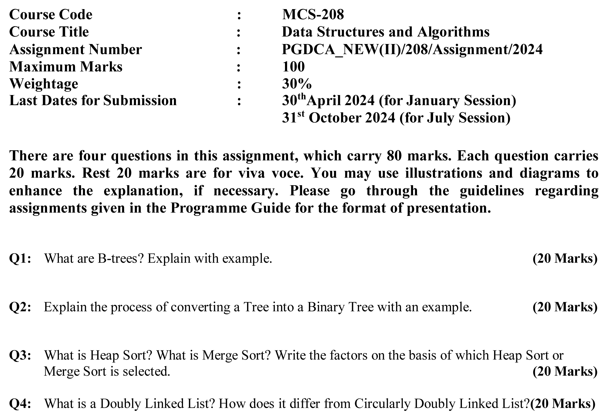 IGNOU MCS-208 - Data Structures and Algorithms, Latest Solved Assignment-January 2024 - July 2024