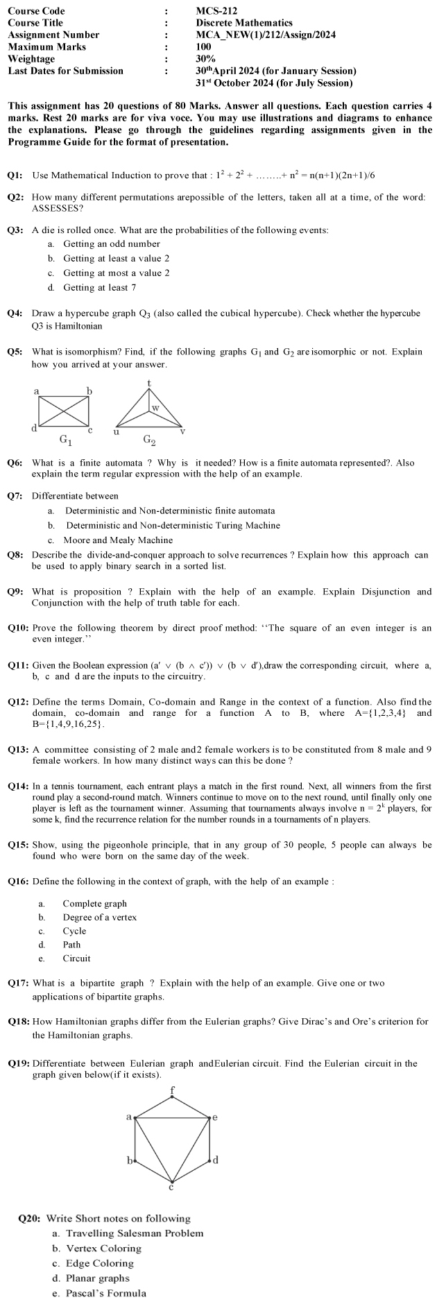 IGNOU MCS-212 - Discrete Mathematics, Latest Solved Assignment-January 2024 - July 2024