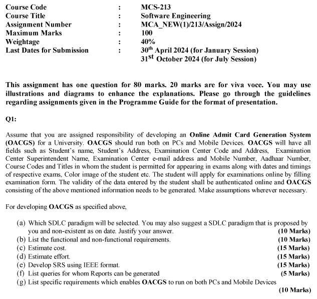 IGNOU MCS-213 - Software Engineering, Latest Solved Assignment-January 2024 - July 2024