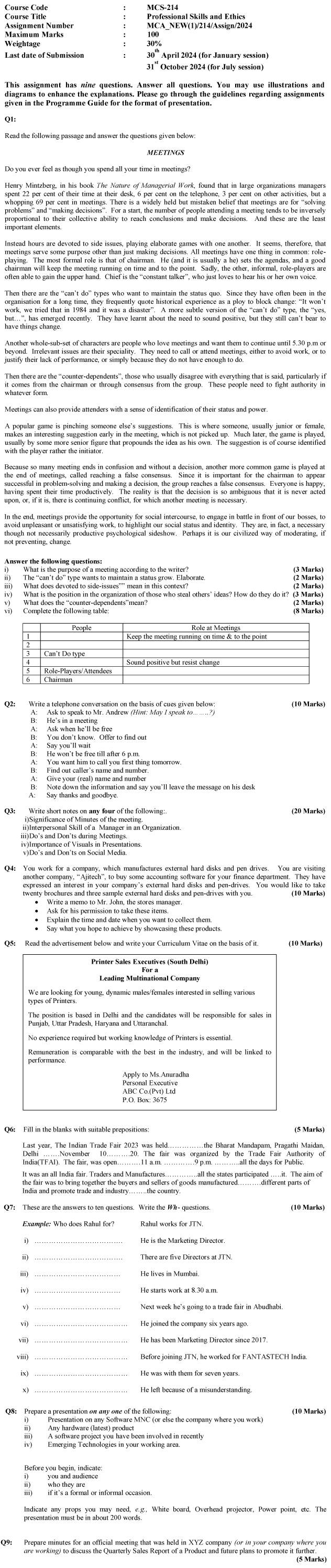 IGNOU MCS-214 - Professional Skills and Ethics, Latest Solved Assignment -January 2024 - July 2024