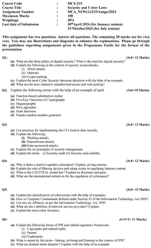 IGNOU MCS-215 - Security and Cyber Laws, Latest Solved Assignment-January 2024 - July 2024