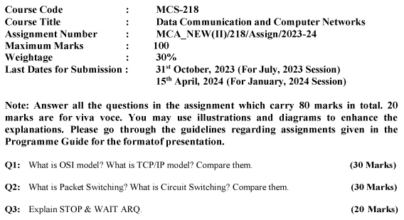 IGNOU MCS-218 - Data Communication and Computer Networks Latest Solved Assignment -July 2023 - January 2024