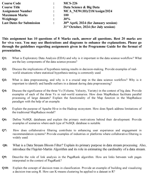 IGNOU MCS-226 - Data Science and Big Data Latest Solved Assignment-January 2024 - July 2024