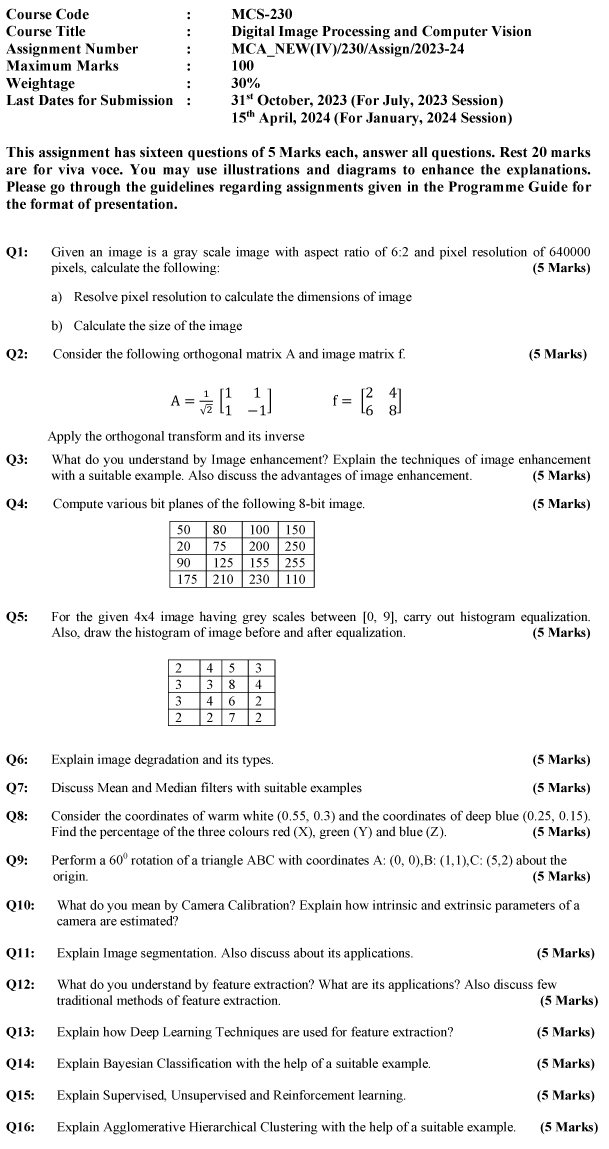 MCS-230 - Digital Image Processing and Computer Vision-July 2023 - January 2024