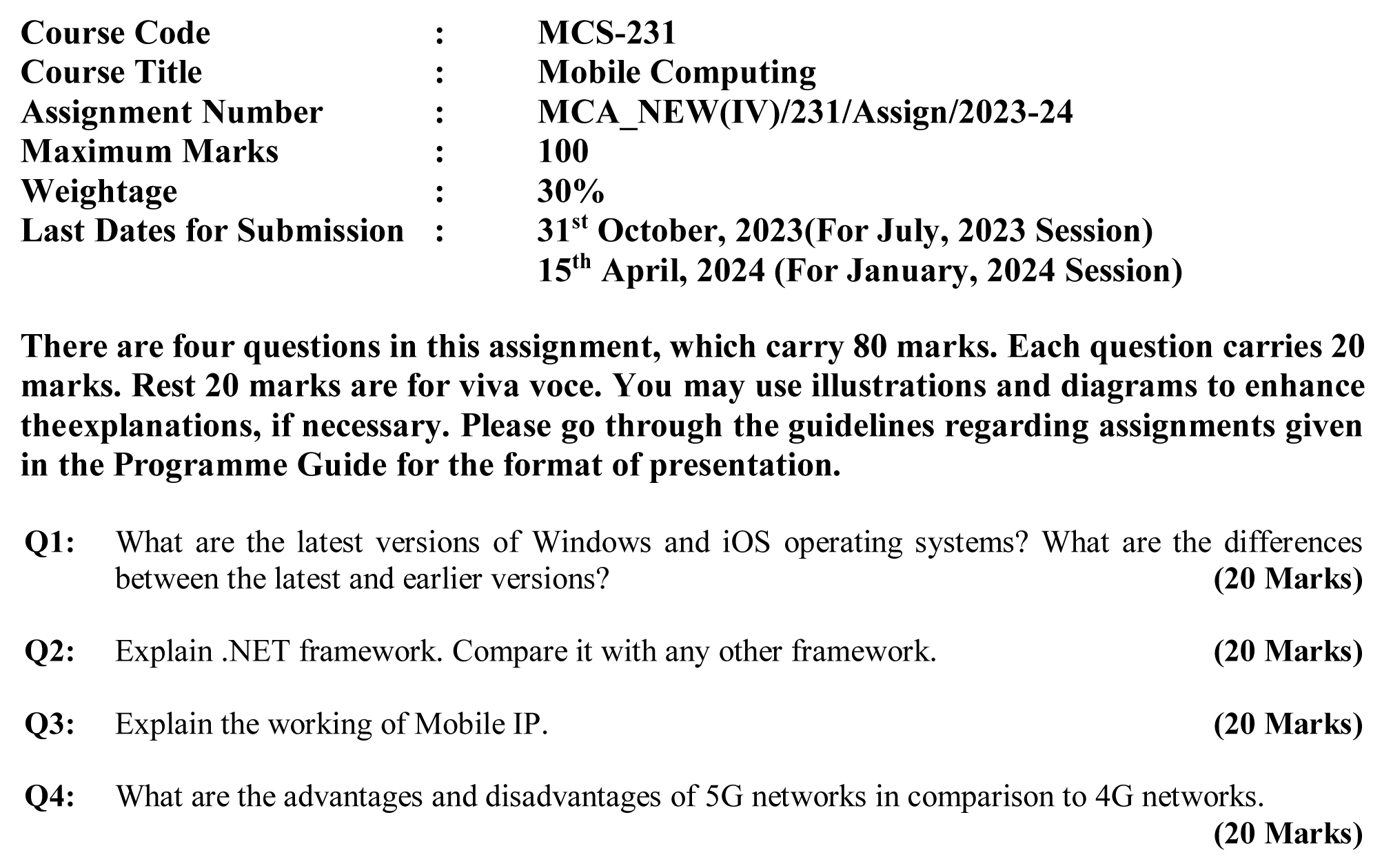 MCS-231 - Mobile Computing-July 2023 - January 2024