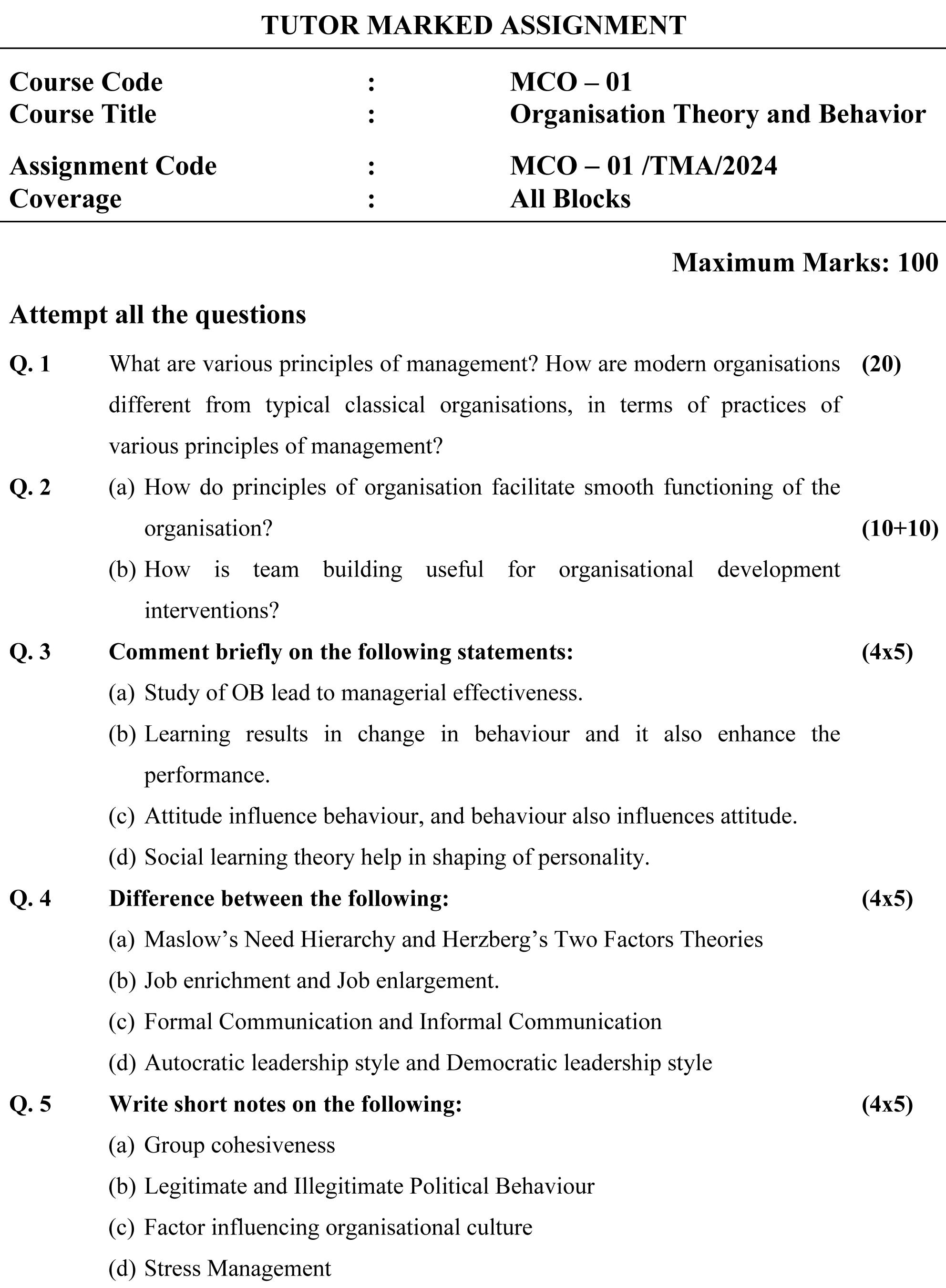 IGNOU MCO-01 - Organization Theory and Behaviour, Latest Solved Assignment -January 2024 - July 2024