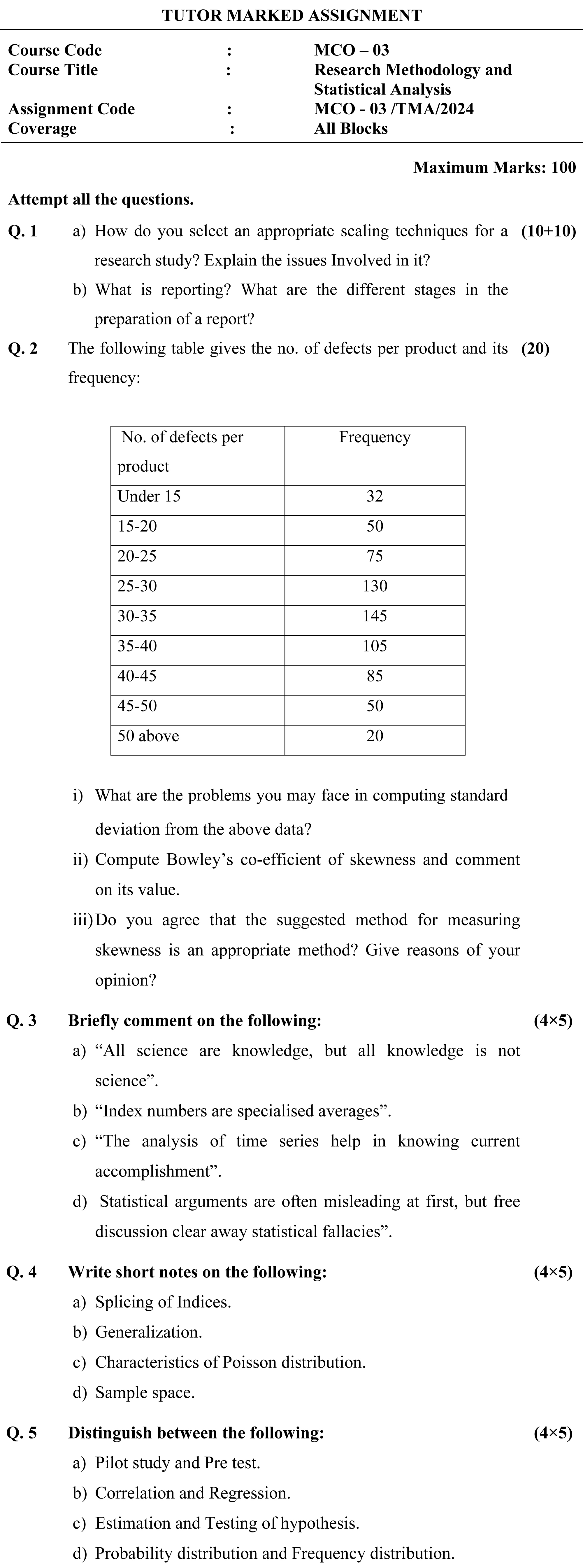 IGNOU MCO-03 - Research Methodology and Statistical Analysis, Latest Solved Assignment-January 2024 - July 2024