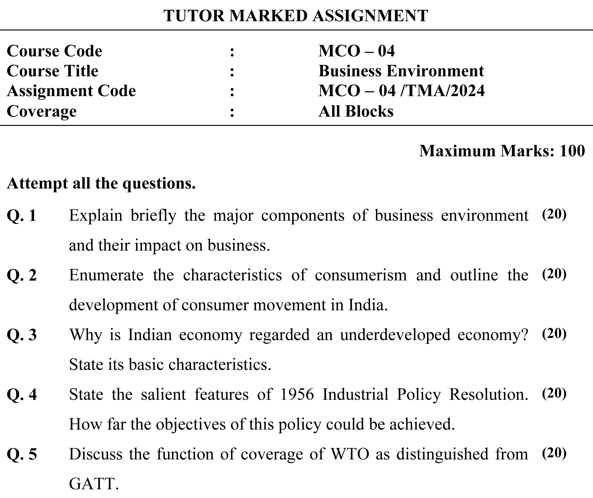 IGNOU MCO-04 - Business Environment, Latest Solved Assignment-January 2024 - July 2024