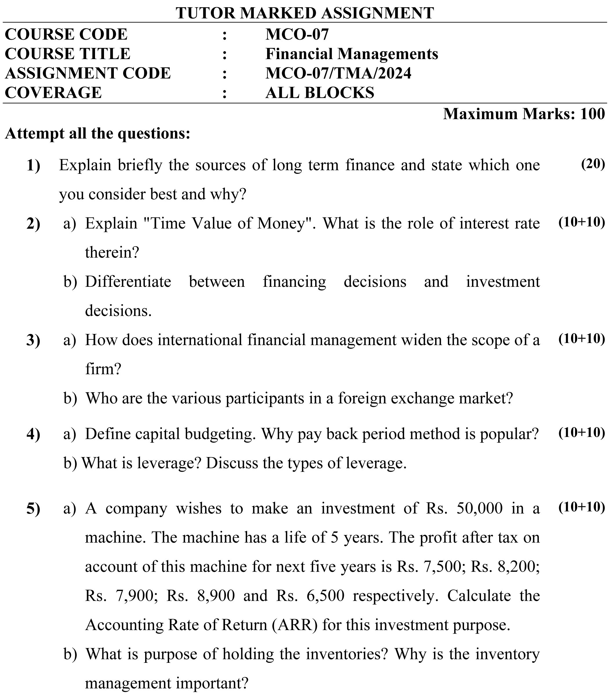 IGNOU MCO-07 - Financial Management, Latest Solved Assignment-January 2024 - July 2024